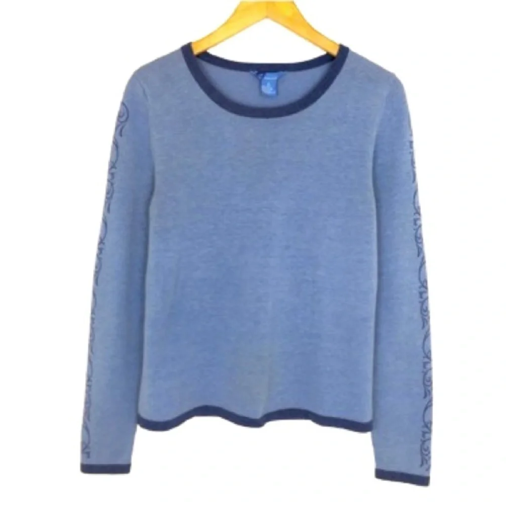 Title Nine Women’s Wool Blend Crewneck Sweater Blue Floral Long Sleeves Size S